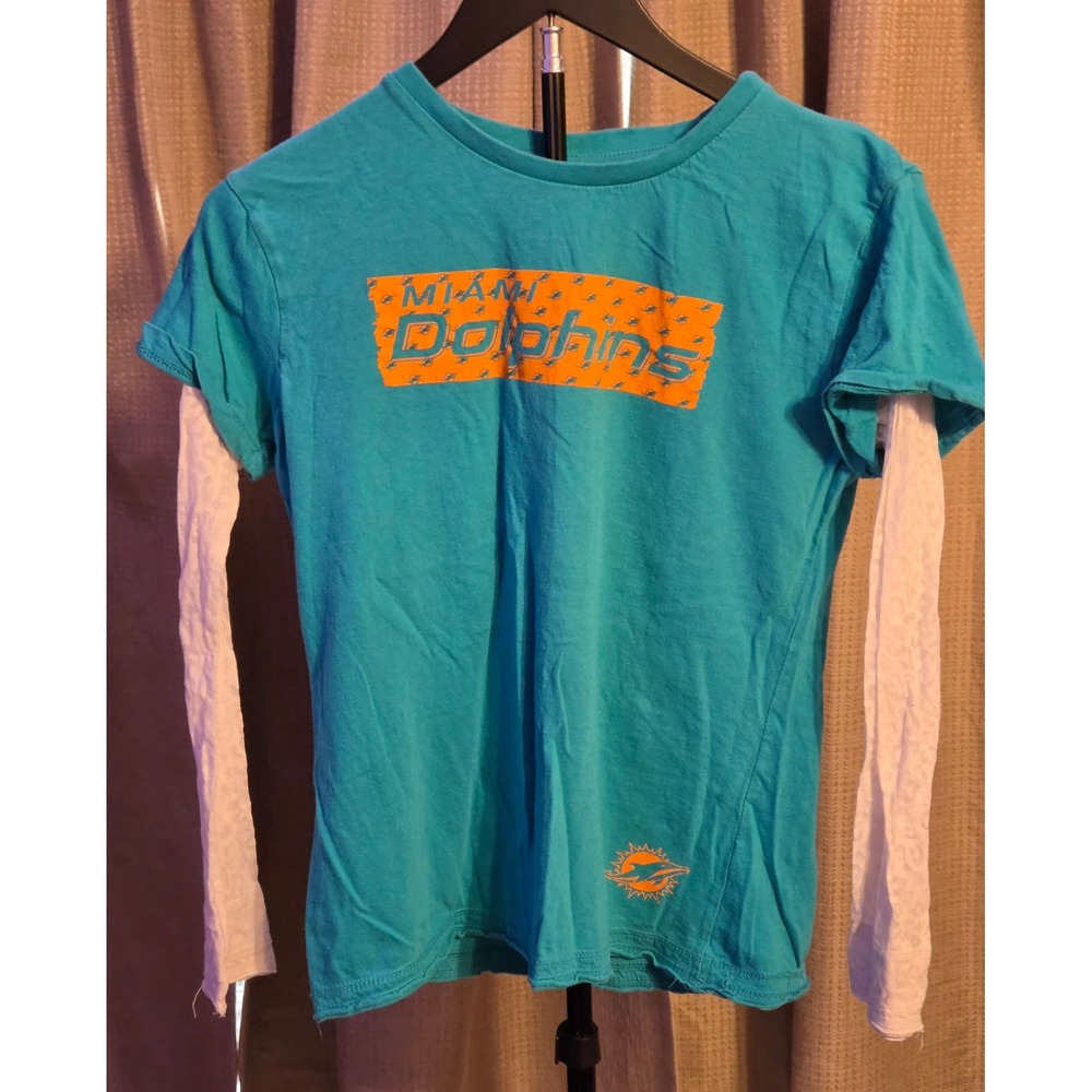NFL Miami Dolphins Graphic Long Sheer Sleeve T-Shirt Youth Large 14 Green‎ White